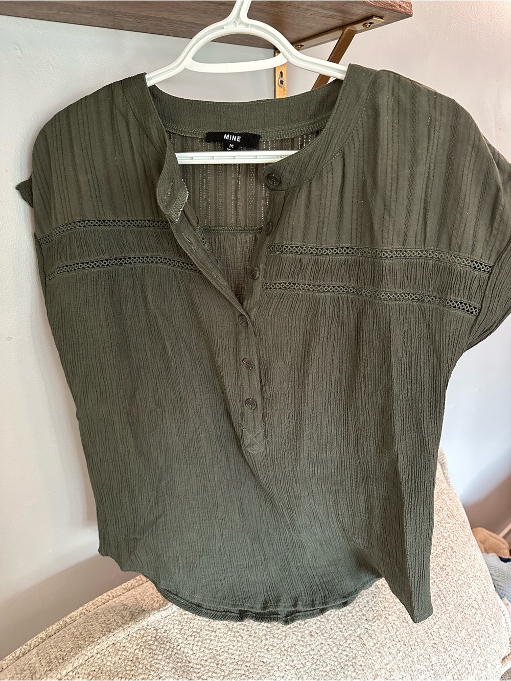 MINE Olive Green Short Sleeve Button Henley Top